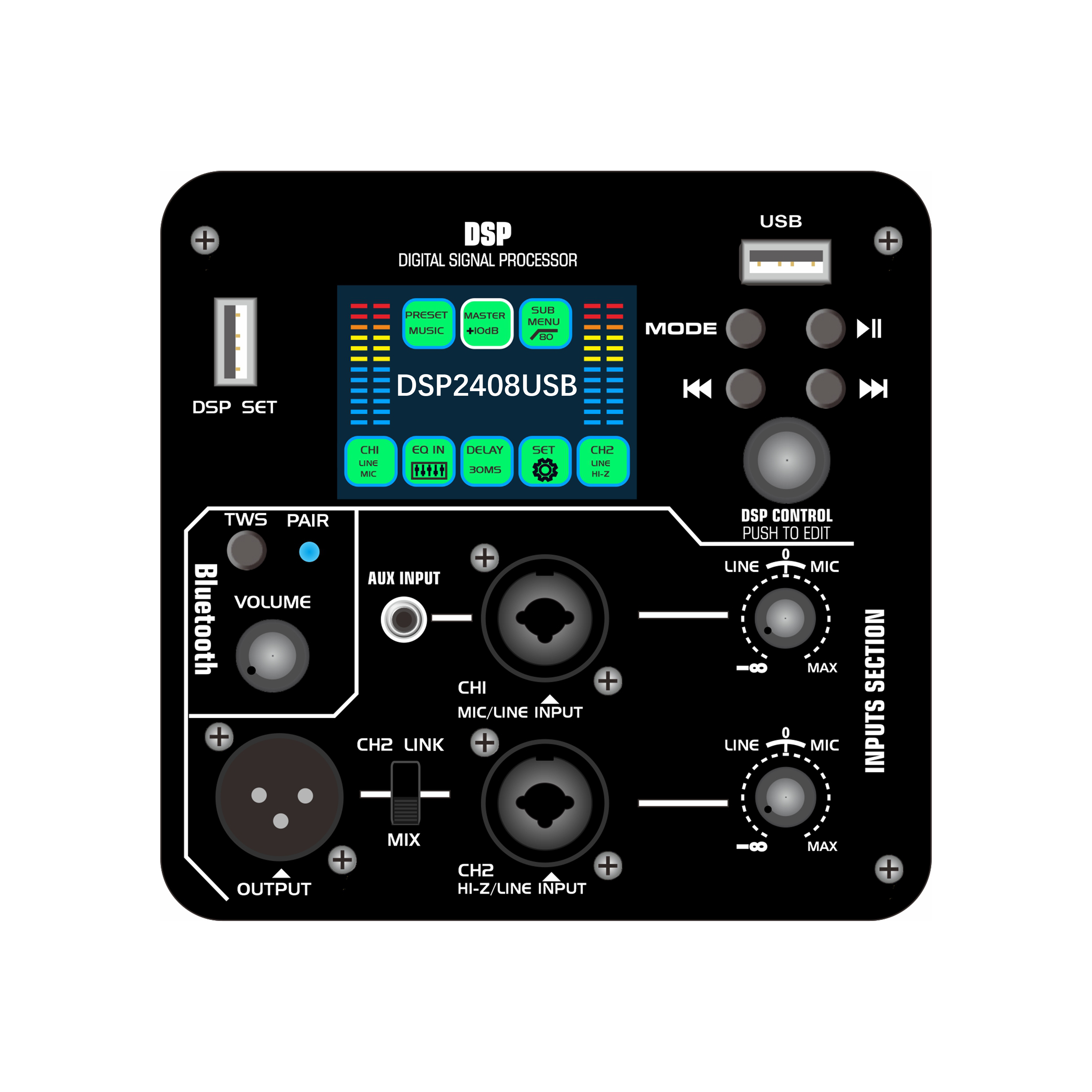 DSP2408USB صفحه نمایش رنگی تقویت کننده برق فعال DSP با عملکرد پخش صدا درایو فلش USB